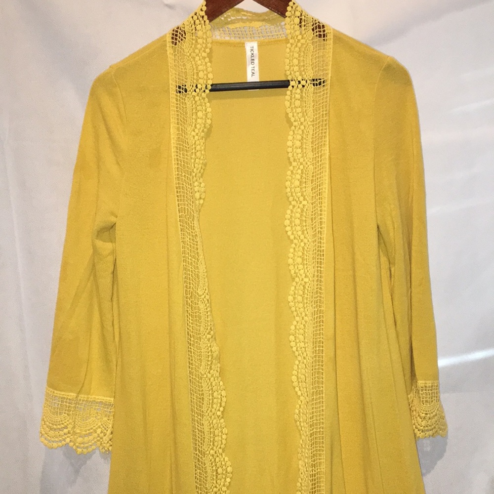 Tickled Teal Lace Trim Open Front Below The Knee Cardigan | Mustard Yellow | M